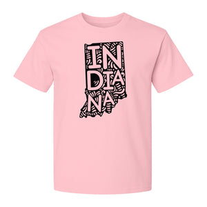 Indiana Retro Doodle State Map T-Shirt, Hometown Pride and Travel Souvenir Design