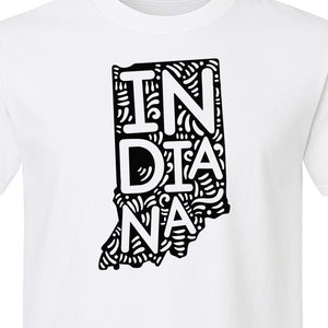 Indiana Retro Doodle State Map T-Shirt, Hometown Pride and Travel Souvenir Design