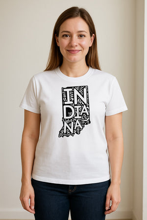 Indiana Retro Doodle State Map T-Shirt, Hometown Pride and Travel Souvenir Design