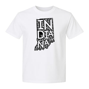 Indiana Retro Doodle State Map T-Shirt, Hometown Pride and Travel Souvenir Design