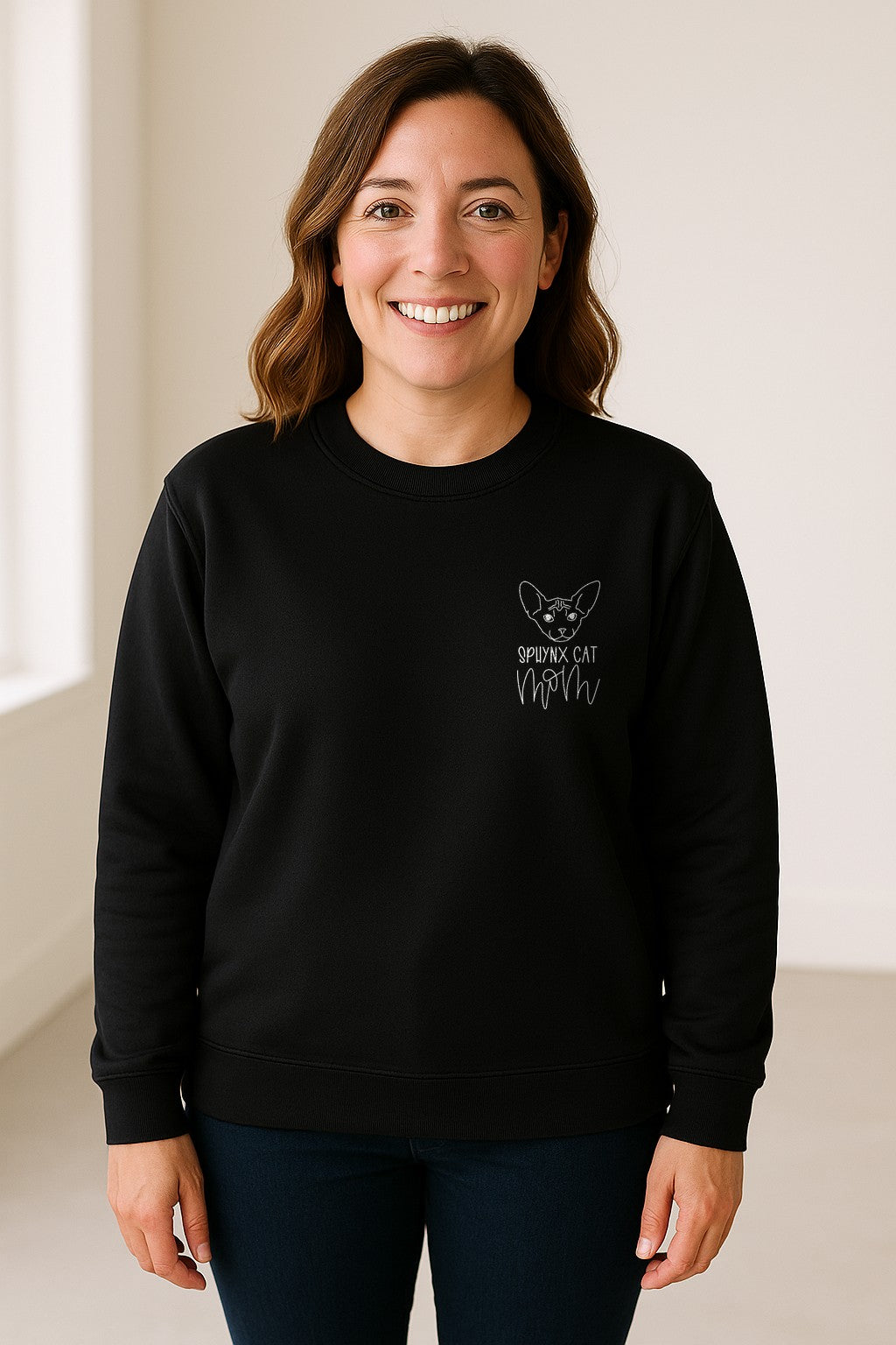 Sphynx Cat Mom Sweatshirt, Minimalist Left Chest Line Art for Hairless Feline Lovers
