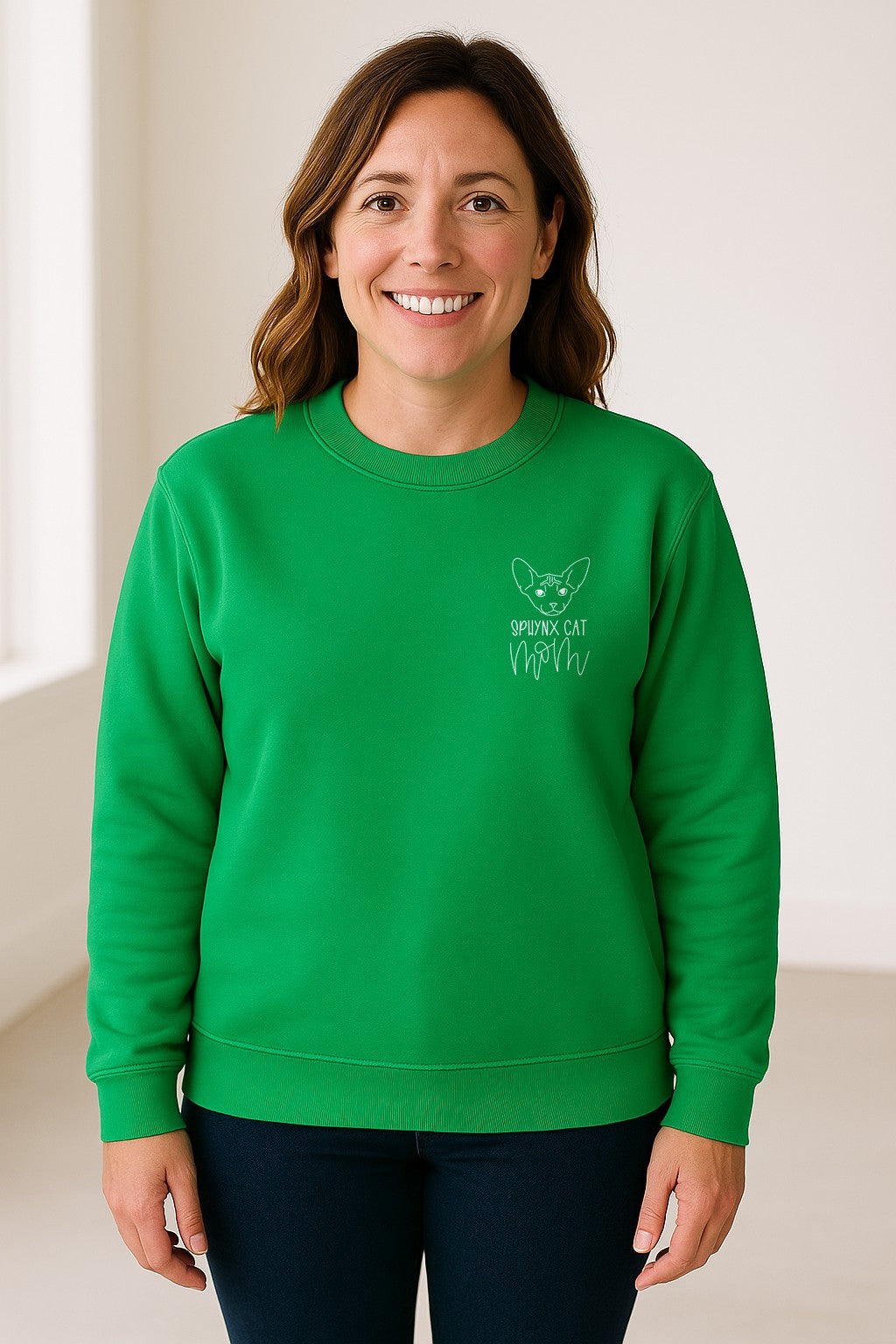 Sphynx Cat Mom Sweatshirt, Minimalist Left Chest Line Art for Hairless Feline Lovers