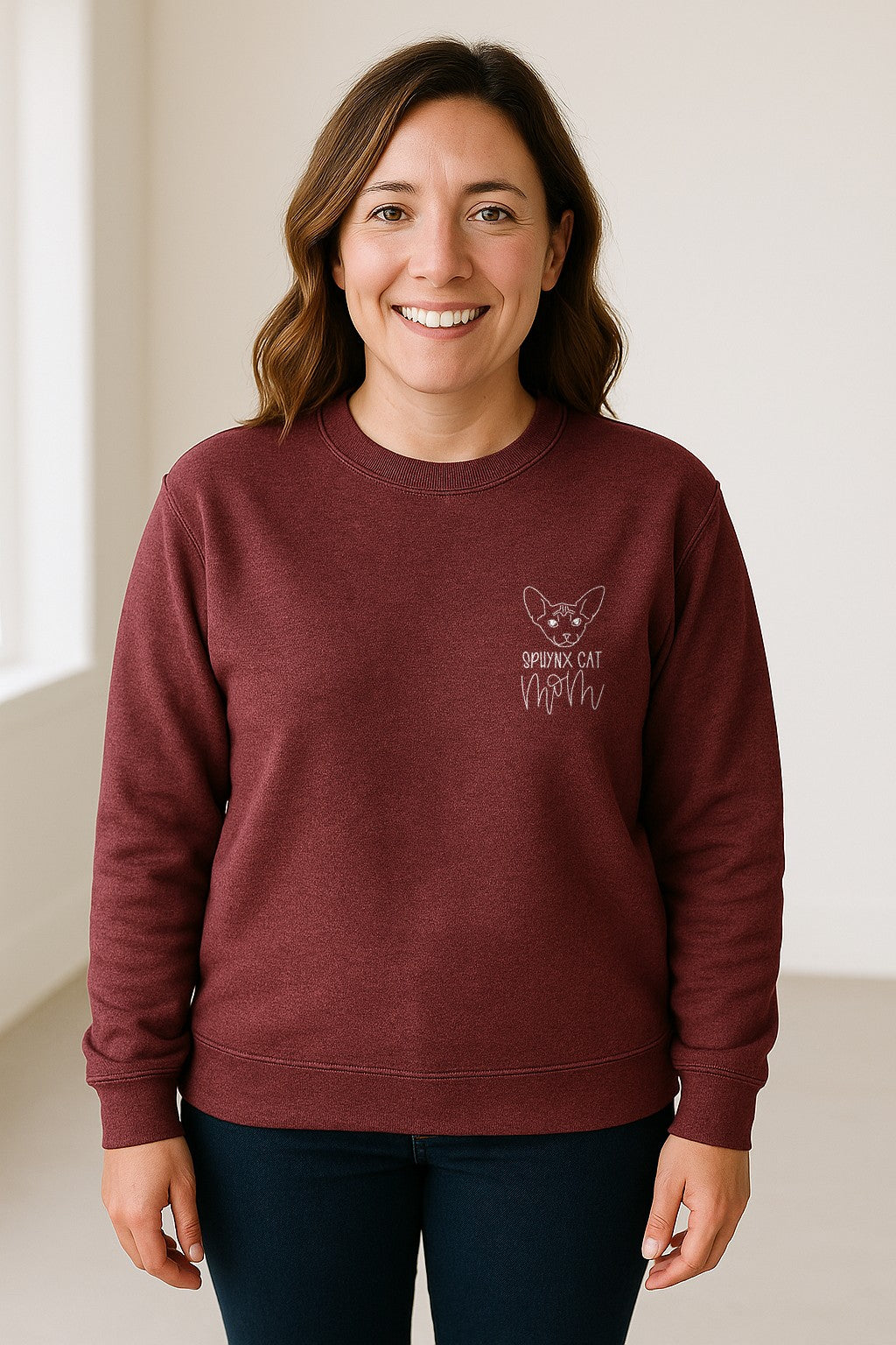 Sphynx Cat Mom Sweatshirt, Minimalist Left Chest Line Art for Hairless Feline Lovers