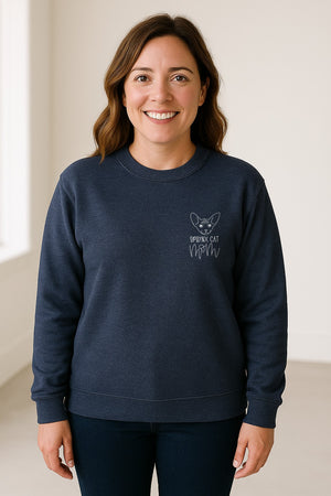 Sphynx Cat Mom Sweatshirt, Minimalist Left Chest Line Art for Hairless Feline Lovers