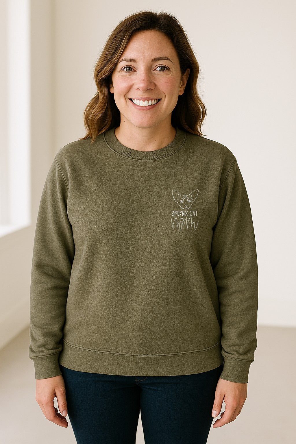 Sphynx Cat Mom Sweatshirt, Minimalist Left Chest Line Art for Hairless Feline Lovers