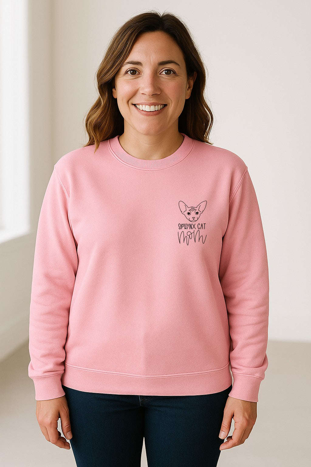 Sphynx Cat Mom Sweatshirt, Minimalist Left Chest Line Art for Hairless Feline Lovers