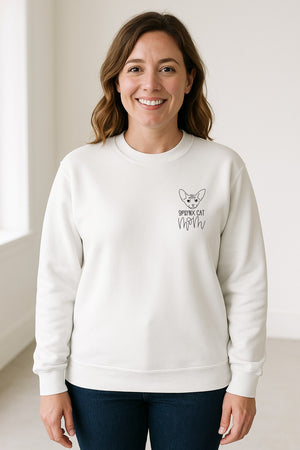 Sphynx Cat Mom Sweatshirt, Minimalist Left Chest Line Art for Hairless Feline Lovers