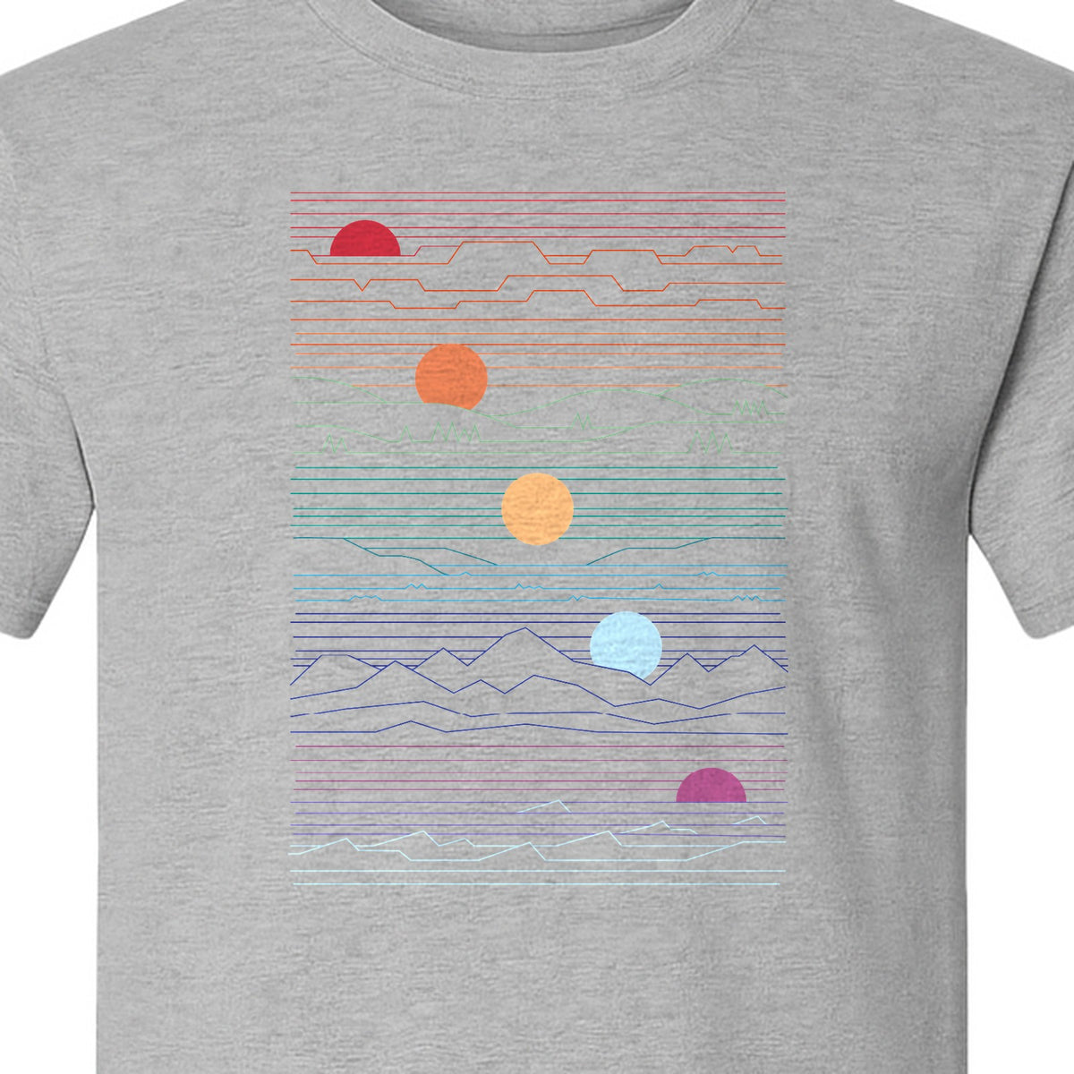 Sunset Mountain T-Shirt, Retro Line Art Sun Graphic for Summer Vacation and Outdoor Trips