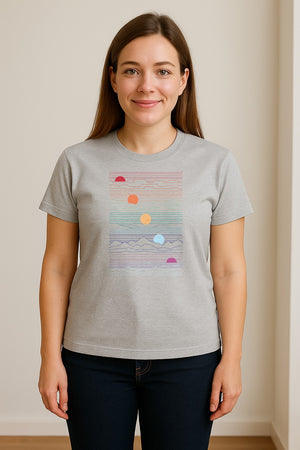 Sunset Mountain T-Shirt, Retro Line Art Sun Graphic for Summer Vacation and Outdoor Trips