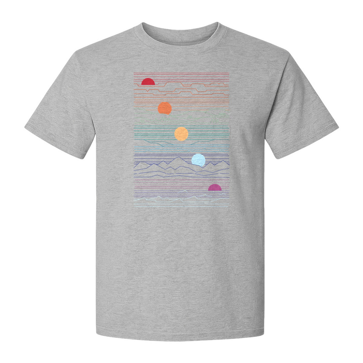 Sunset Mountain T-Shirt, Retro Line Art Sun Graphic for Summer Vacation and Outdoor Trips