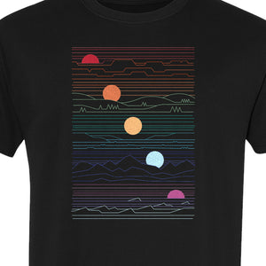 Sunset Mountain T-Shirt, Retro Line Art Sun Graphic for Summer Vacation and Outdoor Trips