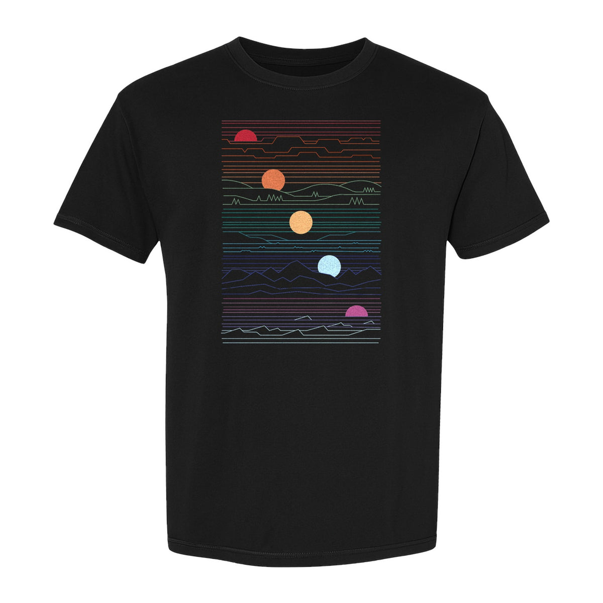 Sunset Mountain T-Shirt, Retro Line Art Sun Graphic for Summer Vacation and Outdoor Trips