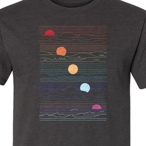 Sunset Mountain T-Shirt, Retro Line Art Sun Graphic for Summer Vacation and Outdoor Trips
