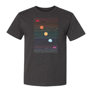 Sunset Mountain T-Shirt, Retro Line Art Sun Graphic for Summer Vacation and Outdoor Trips