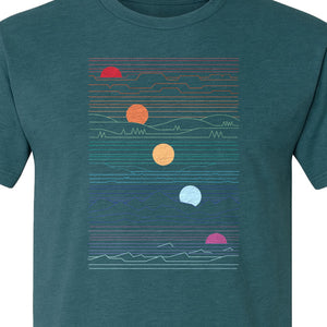 Sunset Mountain T-Shirt, Retro Line Art Sun Graphic for Summer Vacation and Outdoor Trips