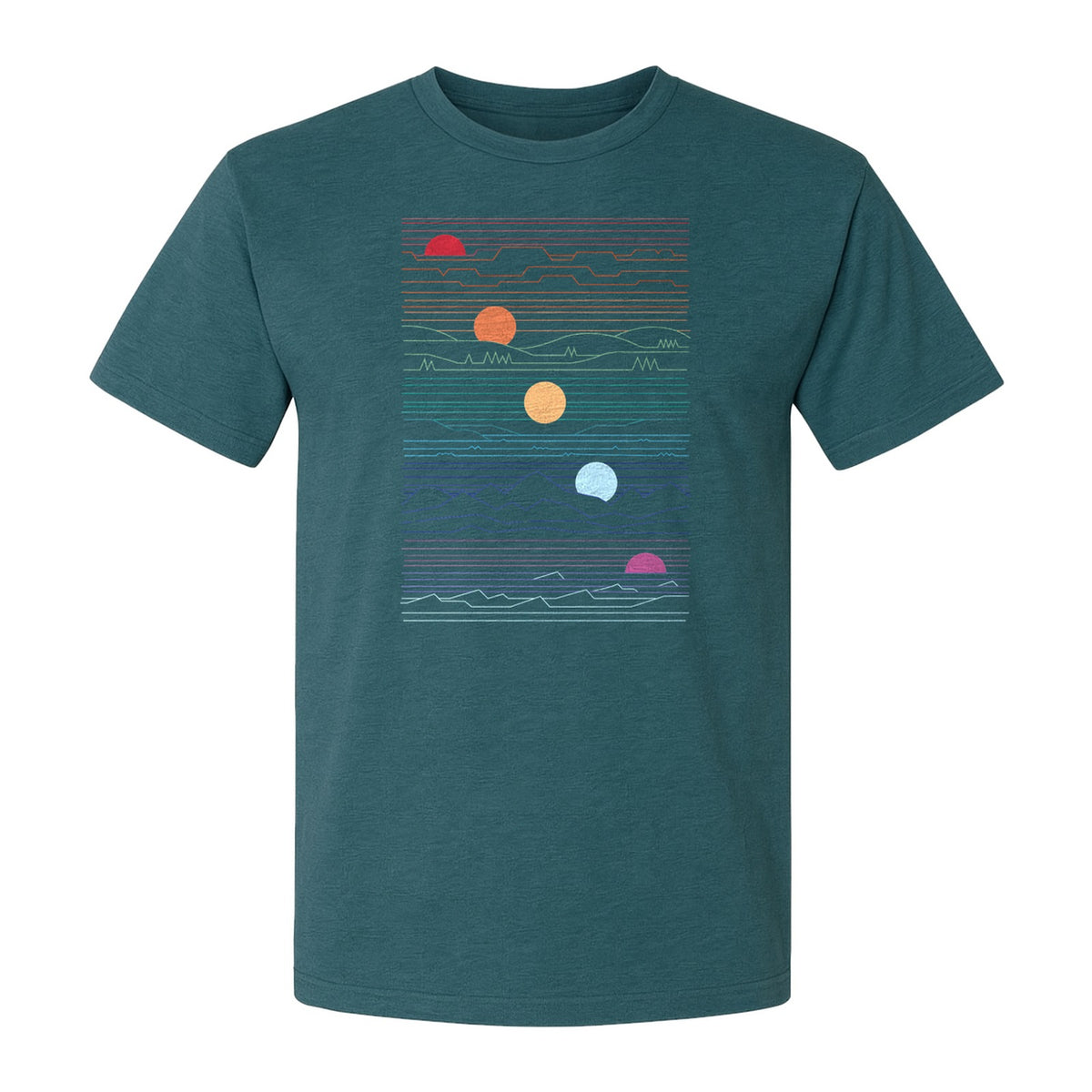 Sunset Mountain T-Shirt, Retro Line Art Sun Graphic for Summer Vacation and Outdoor Trips