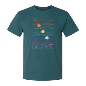Sunset Mountain T-Shirt, Retro Line Art Sun Graphic for Summer Vacation and Outdoor Trips