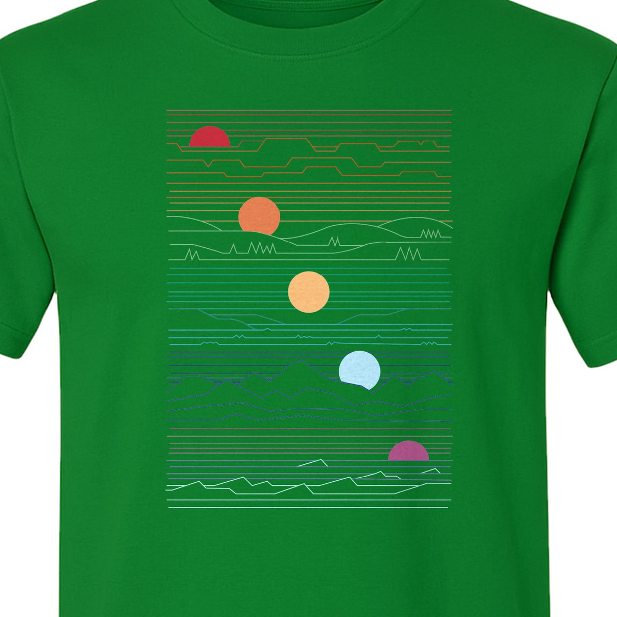 Sunset Mountain T-Shirt, Retro Line Art Sun Graphic for Summer Vacation and Outdoor Trips