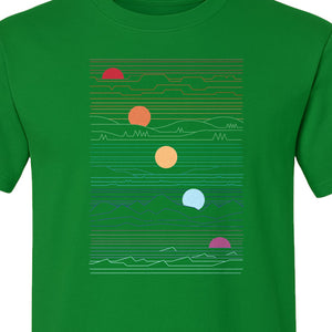 Sunset Mountain T-Shirt, Retro Line Art Sun Graphic for Summer Vacation and Outdoor Trips