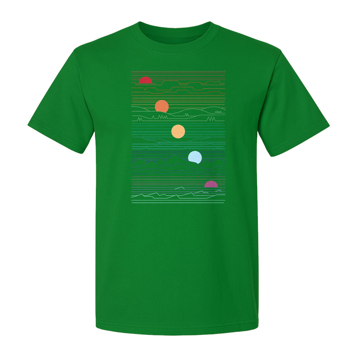 Sunset Mountain T-Shirt, Retro Line Art Sun Graphic for Summer Vacation and Outdoor Trips