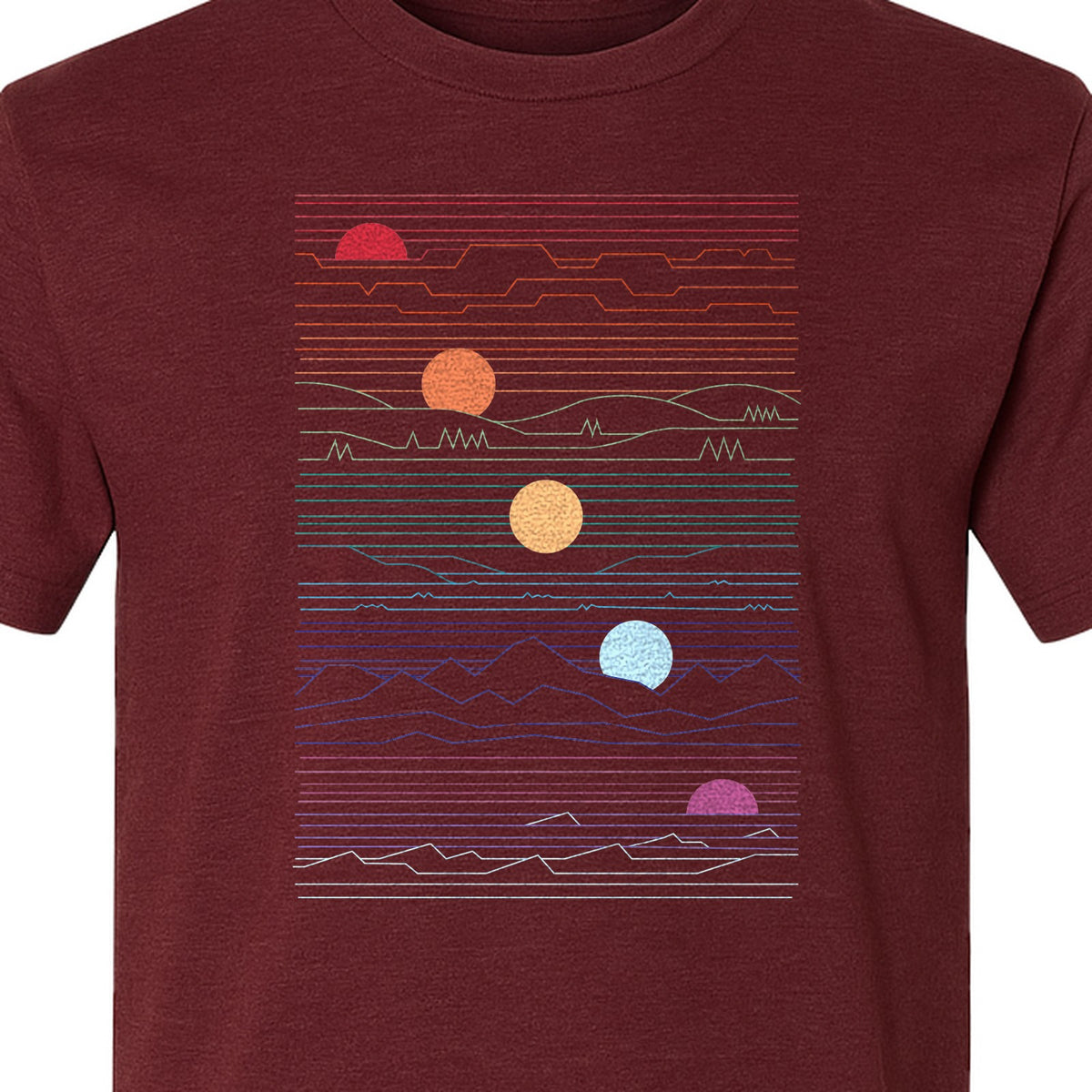 Sunset Mountain T-Shirt, Retro Line Art Sun Graphic for Summer Vacation and Outdoor Trips