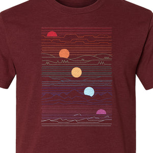 Sunset Mountain T-Shirt, Retro Line Art Sun Graphic for Summer Vacation and Outdoor Trips