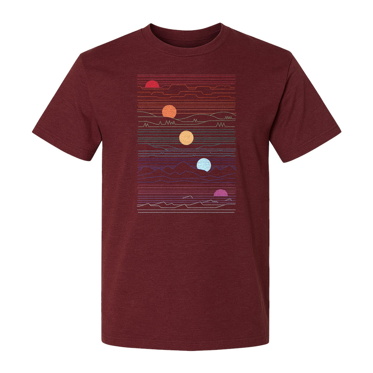 Sunset Mountain T-Shirt, Retro Line Art Sun Graphic for Summer Vacation and Outdoor Trips