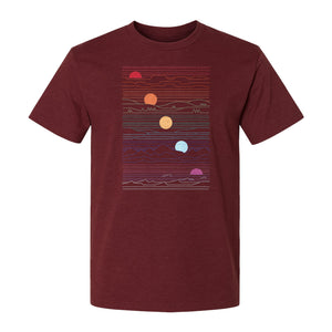 Sunset Mountain T-Shirt, Retro Line Art Sun Graphic for Summer Vacation and Outdoor Trips