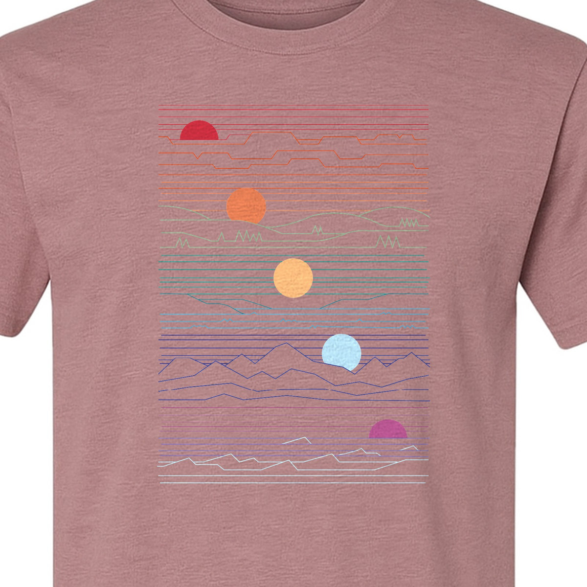 Sunset Mountain T-Shirt, Retro Line Art Sun Graphic for Summer Vacation and Outdoor Trips