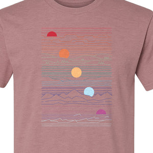 Sunset Mountain T-Shirt, Retro Line Art Sun Graphic for Summer Vacation and Outdoor Trips