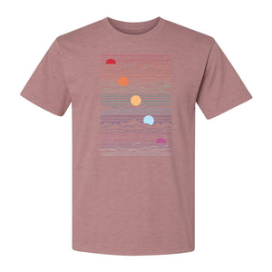 Sunset Mountain T-Shirt, Retro Line Art Sun Graphic for Summer Vacation and Outdoor Trips