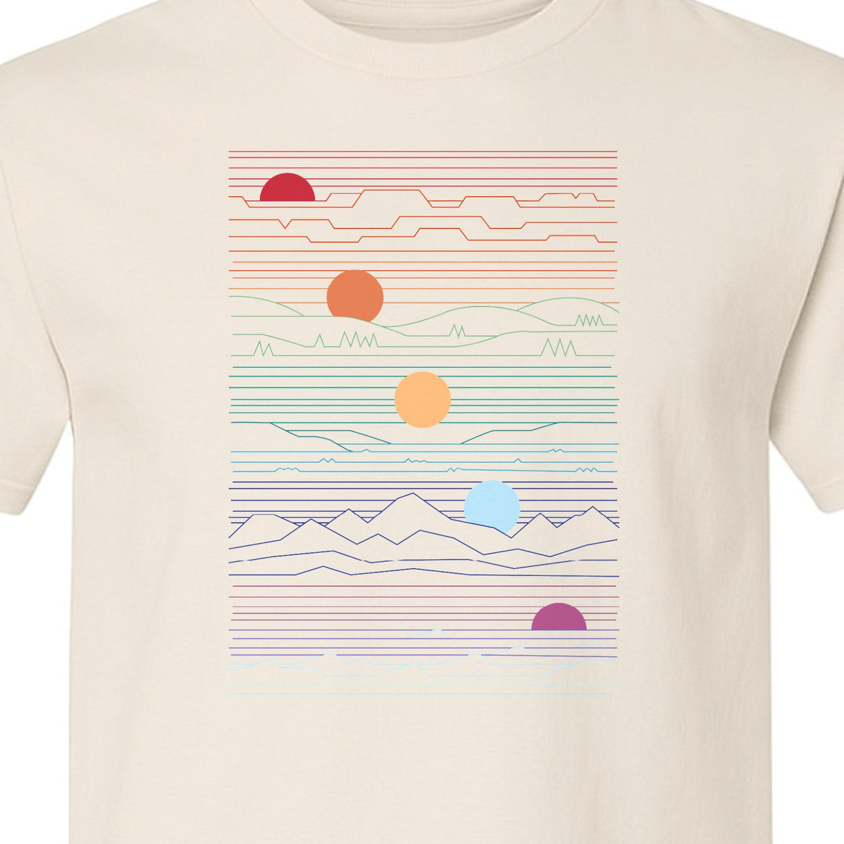 Sunset Mountain T-Shirt, Retro Line Art Sun Graphic for Summer Vacation and Outdoor Trips