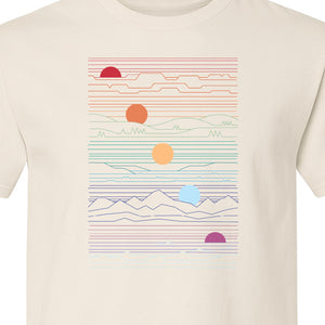Sunset Mountain T-Shirt, Retro Line Art Sun Graphic for Summer Vacation and Outdoor Trips