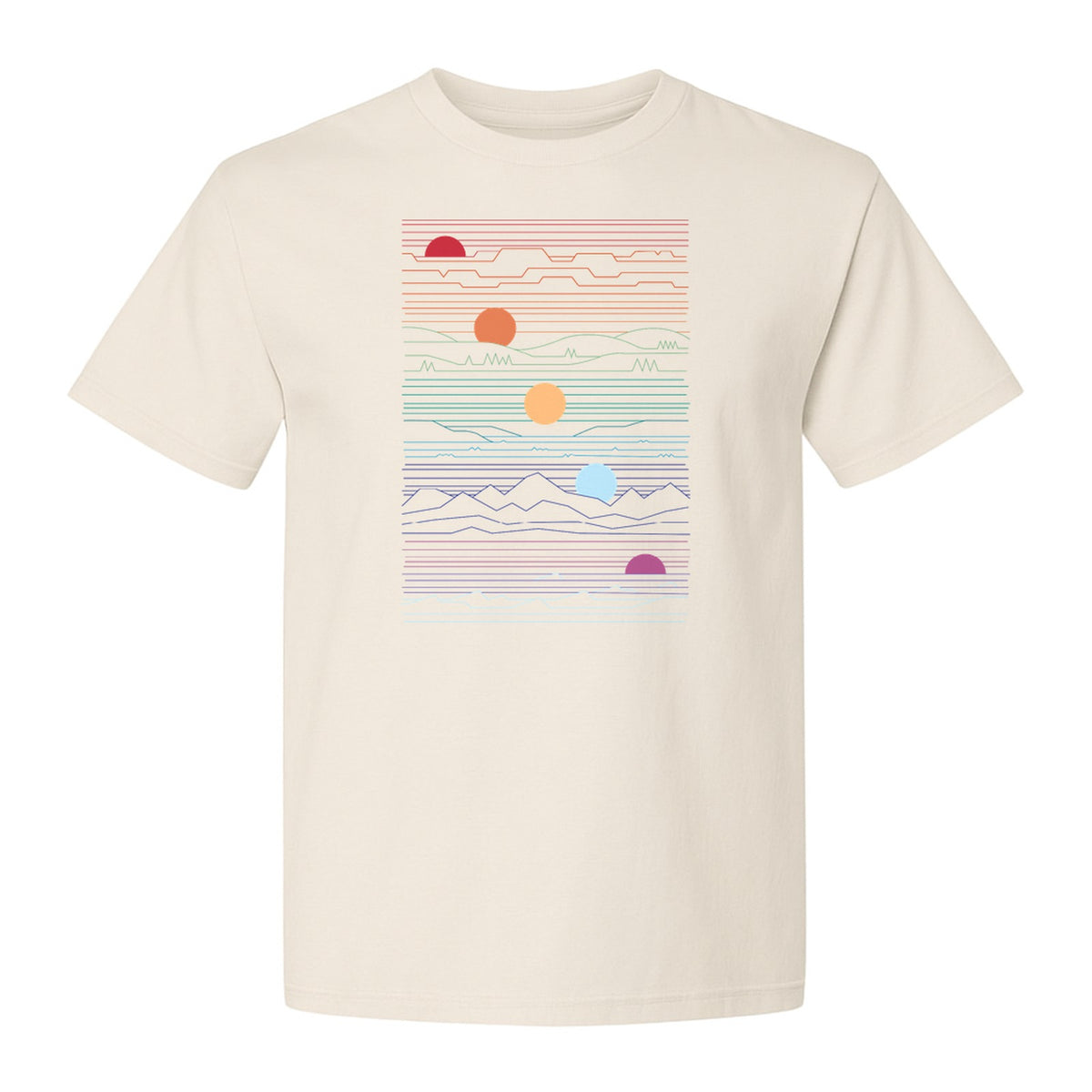 Sunset Mountain T-Shirt, Retro Line Art Sun Graphic for Summer Vacation and Outdoor Trips