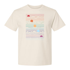 Sunset Mountain T-Shirt, Retro Line Art Sun Graphic for Summer Vacation and Outdoor Trips
