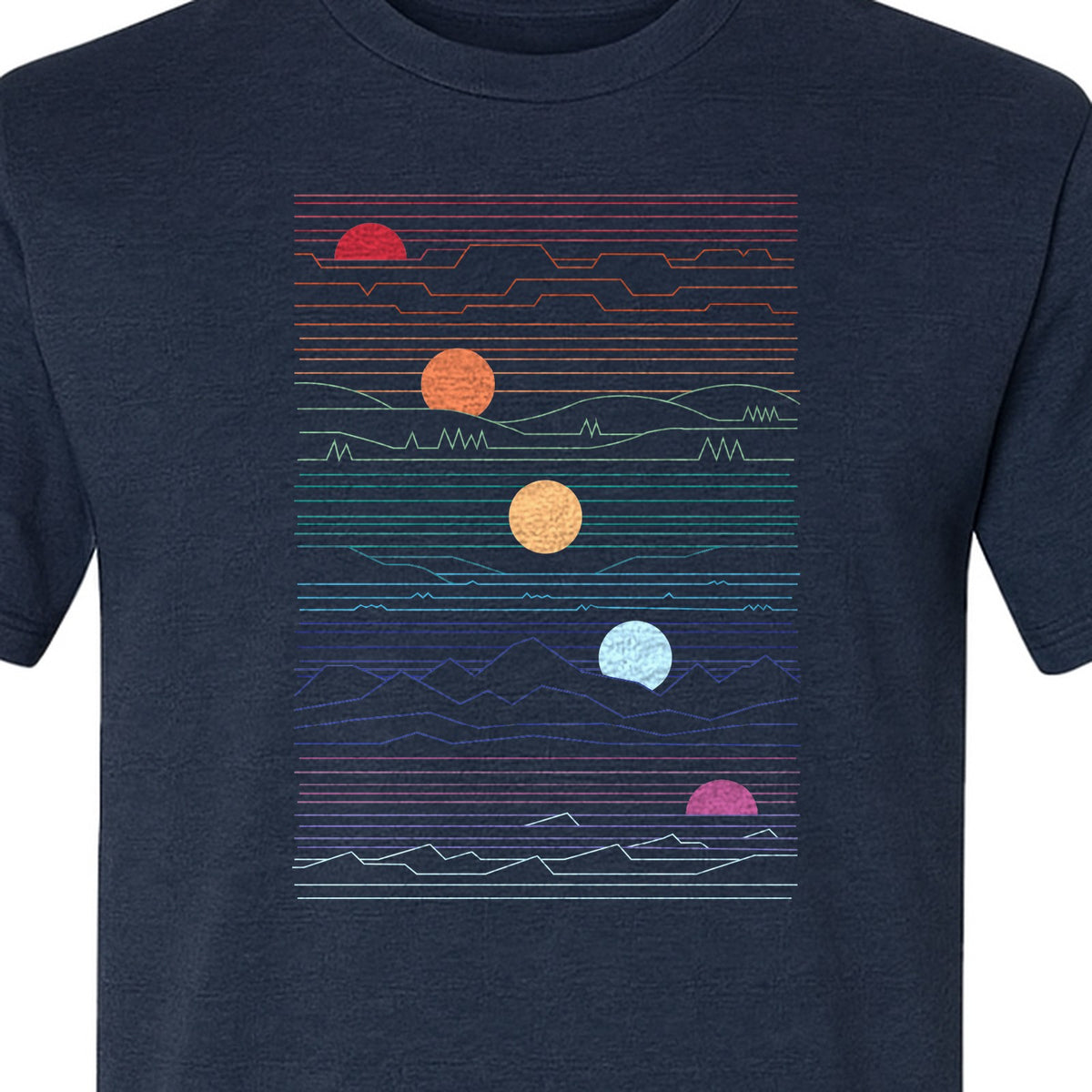 Sunset Mountain T-Shirt, Retro Line Art Sun Graphic for Summer Vacation and Outdoor Trips