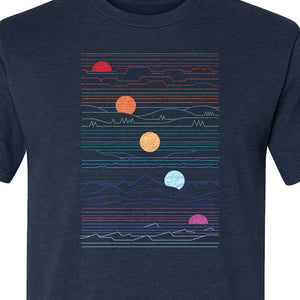 Sunset Mountain T-Shirt, Retro Line Art Sun Graphic for Summer Vacation and Outdoor Trips