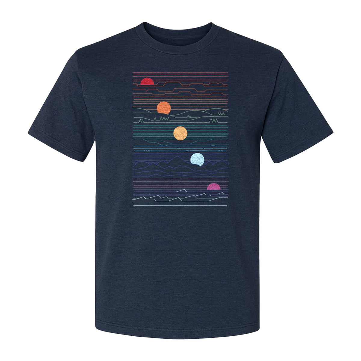 Sunset Mountain T-Shirt, Retro Line Art Sun Graphic for Summer Vacation and Outdoor Trips