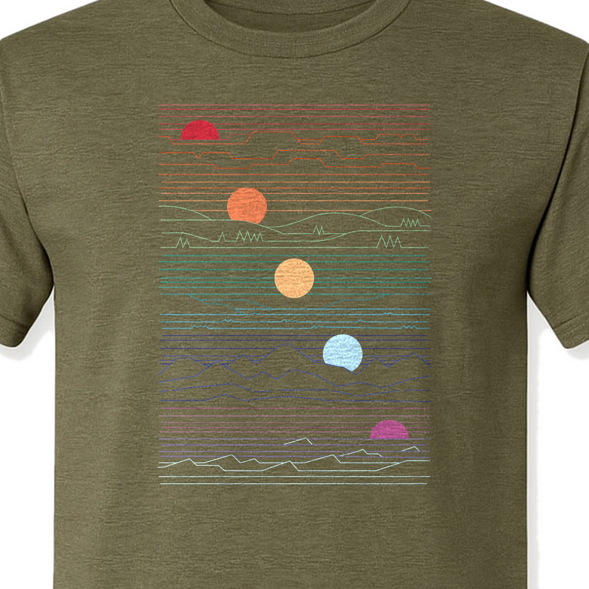 Sunset Mountain T-Shirt, Retro Line Art Sun Graphic for Summer Vacation and Outdoor Trips