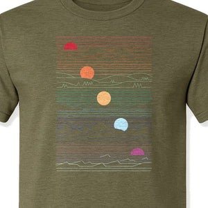 Sunset Mountain T-Shirt, Retro Line Art Sun Graphic for Summer Vacation and Outdoor Trips