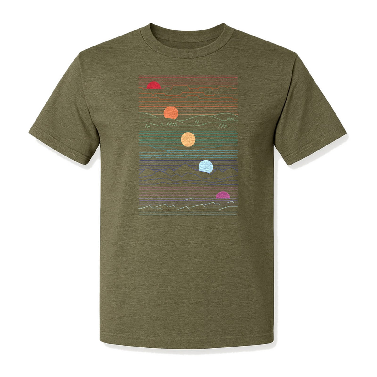 Sunset Mountain T-Shirt, Retro Line Art Sun Graphic for Summer Vacation and Outdoor Trips