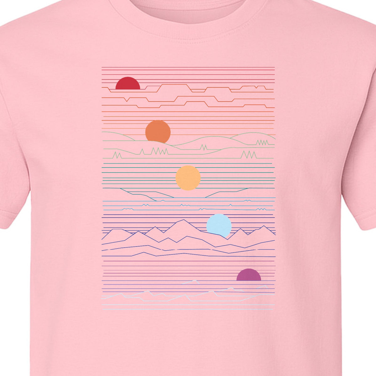 Sunset Mountain T-Shirt, Retro Line Art Sun Graphic for Summer Vacation and Outdoor Trips