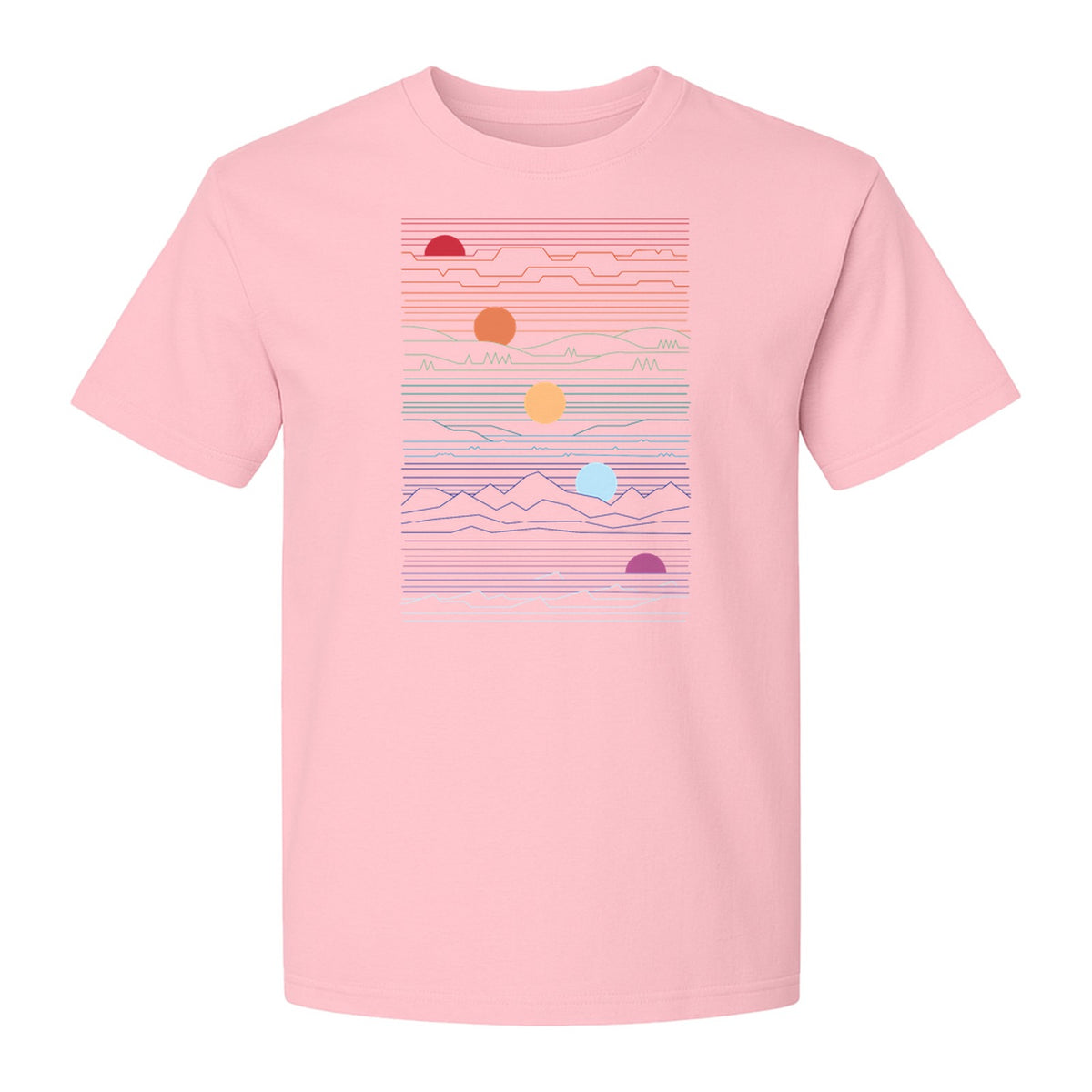 Sunset Mountain T-Shirt, Retro Line Art Sun Graphic for Summer Vacation and Outdoor Trips