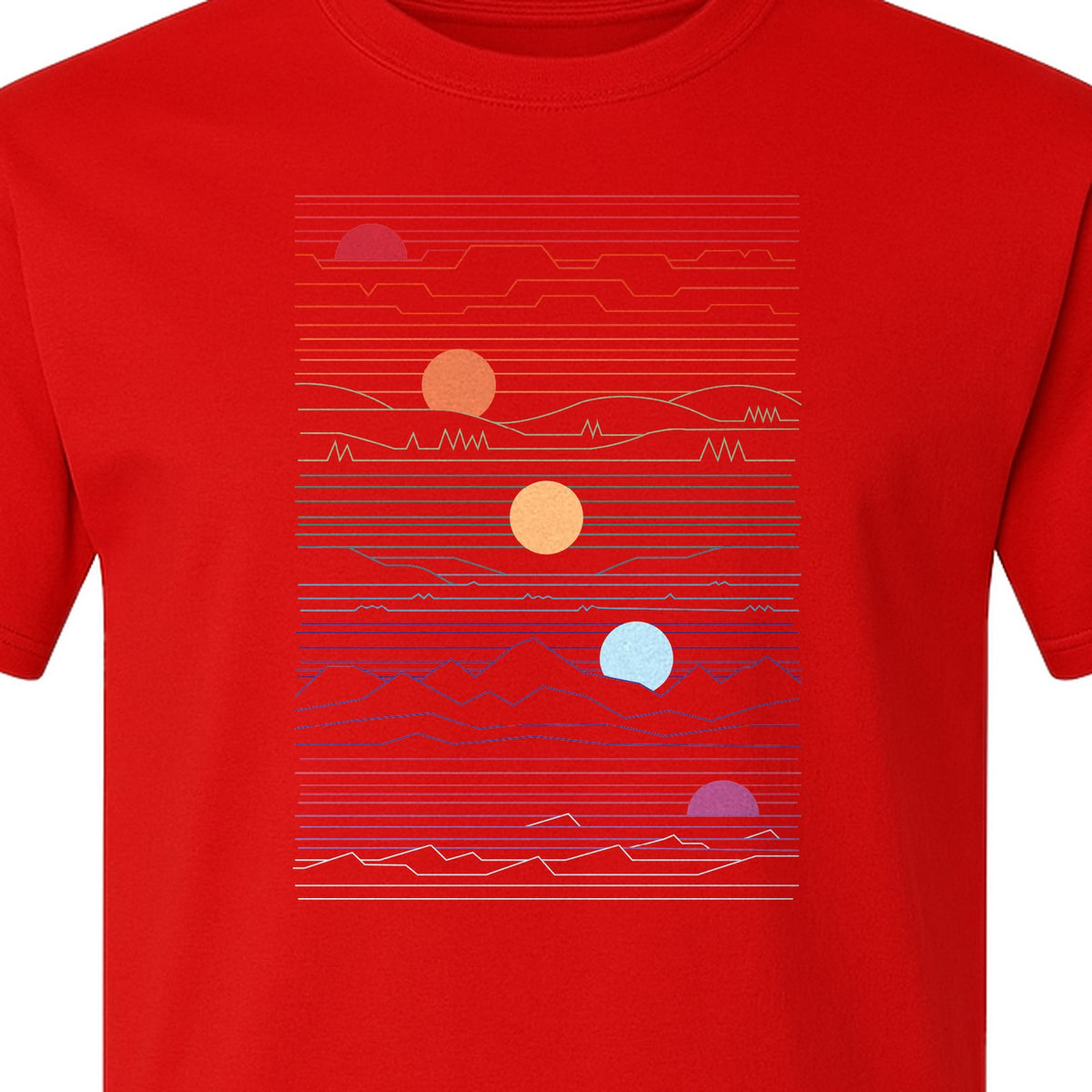 Sunset Mountain T-Shirt, Retro Line Art Sun Graphic for Summer Vacation and Outdoor Trips