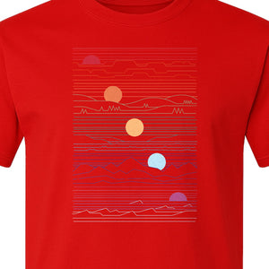 Sunset Mountain T-Shirt, Retro Line Art Sun Graphic for Summer Vacation and Outdoor Trips