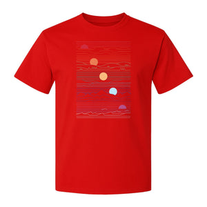 Sunset Mountain T-Shirt, Retro Line Art Sun Graphic for Summer Vacation and Outdoor Trips