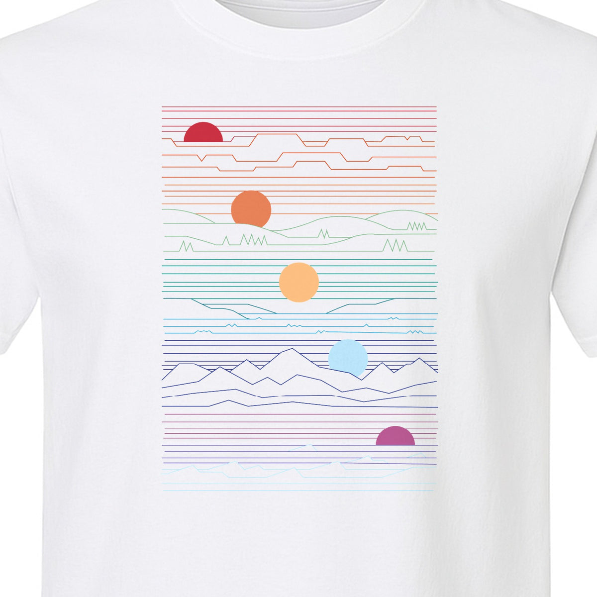 Sunset Mountain T-Shirt, Retro Line Art Sun Graphic for Summer Vacation and Outdoor Trips