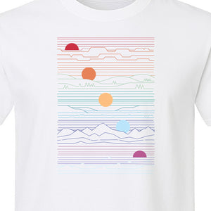 Sunset Mountain T-Shirt, Retro Line Art Sun Graphic for Summer Vacation and Outdoor Trips