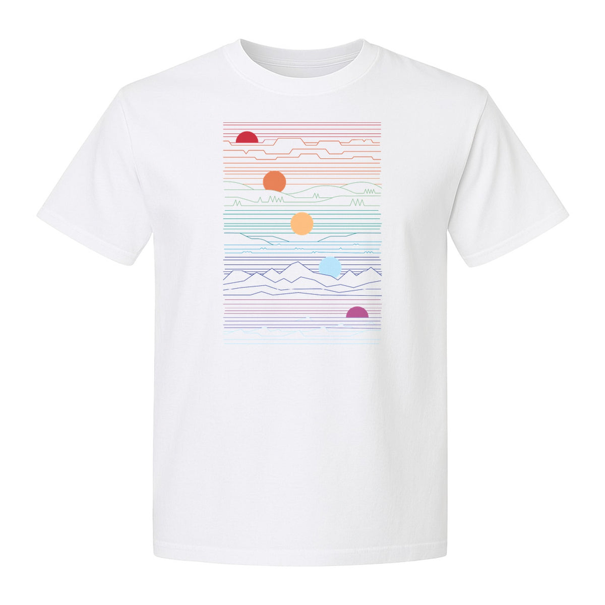 Sunset Mountain T-Shirt, Retro Line Art Sun Graphic for Summer Vacation and Outdoor Trips