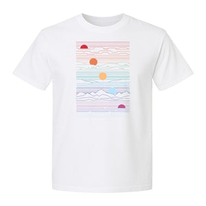 Sunset Mountain T-Shirt, Retro Line Art Sun Graphic for Summer Vacation and Outdoor Trips